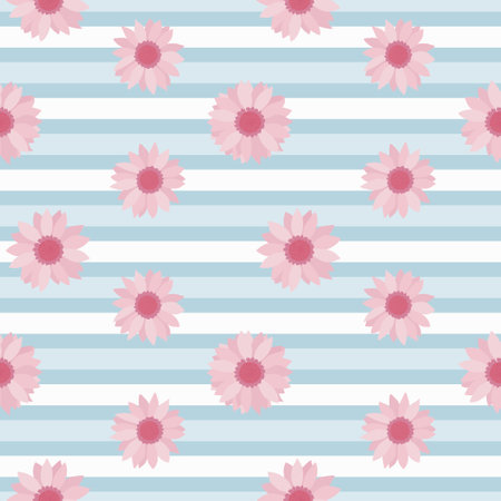 Hand-drawn pink flowers on blue stripe background. Summer flower seamless patternのイラスト素材
