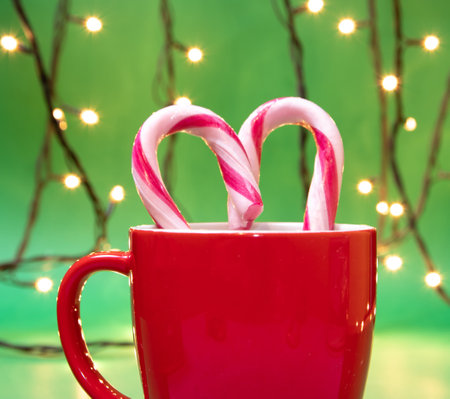 Candy canes in a red cup with lights on green backgroundの写真素材
