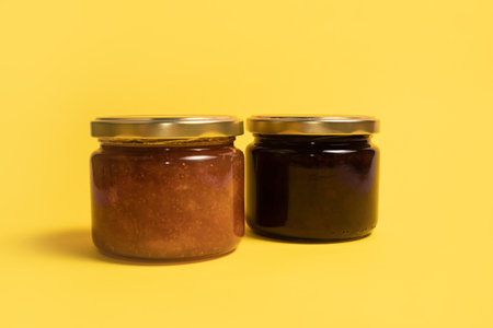 Homemade fig and plum jam on a yellow backgroundの写真素材