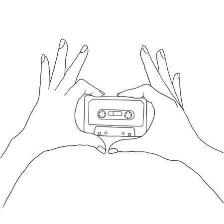Hands holding cassette tape line art vector illustrationのイラスト素材