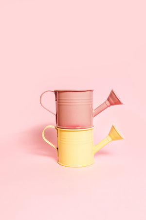 Yellow and pink metal plant watering can on pink backgroundの写真素材