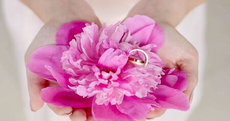 wedding couple are holding rose petals and wedding rings in handsの写真素材