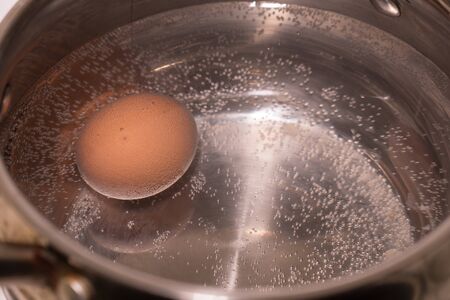 Large egg cooked in a saucepan with stainless steel