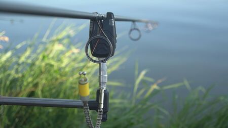 Electronic fish bite alarm on blurred background. carp fishing