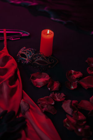 Massage candle on the bed among rose petals