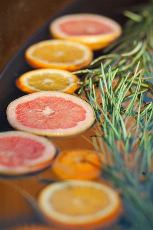 Citrus slices with coniferous branches in waterの写真素材