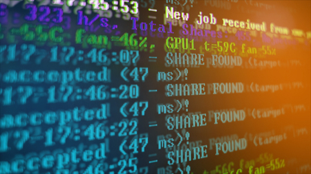 Mining Cryptocurrency process program on display PC. Using Software. Share Found.の写真素材