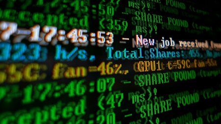 Mining Cryptocurrency process program on display PC. Using Software. Share Found. Green Color