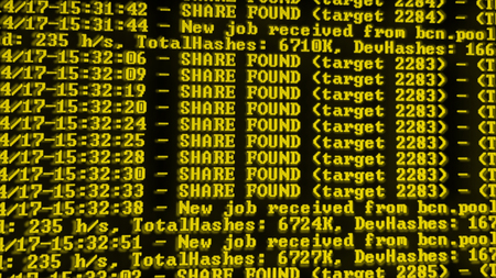 Mining Cryptocurrency process program on display PC. Using Software. Share Found. Yellow Colorの写真素材