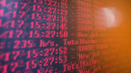 Mining Cryptocurrency process program on display PC. Using Software. Share Found. Red Colorの写真素材