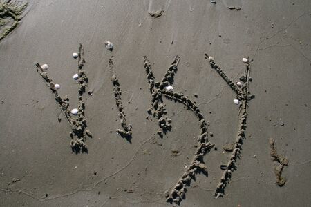 Viky is short name from Viktoria, Handwriten on beach sand.の写真素材