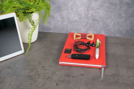 top view Office working desk with Notepad and tablet and green flower