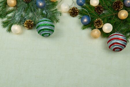 Christmas composition, Christmas decor laid out on a natural linen bedspread. Eco Christmas is always in fashion. Can be used as postcards, backgrounds, wallpapers, posters ... Christmas flat layの写真素材