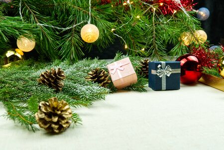 Christmas composition, Christmas decor laid out on a natural linen bedspread. Eco Christmas is always in fashion. Can be used as postcards, backgrounds, wallpapers, posters ...の写真素材
