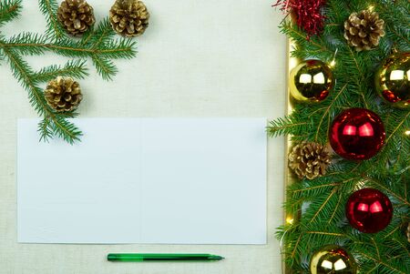 Christmas composition, Christmas decor laid out on a natural linen bedspread. Eco Christmas is always in fashion. Can be used as postcards, backgrounds, wallpapers, posters ... Christmas flat layの写真素材
