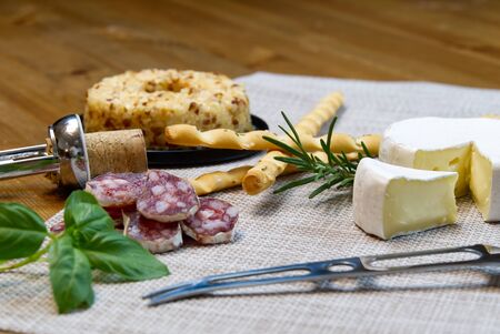 Cheese appetizer selection or Cheese and wine party table. Brie cheese, bread sticks and salami is great appetizer tostart your dinner.の写真素材