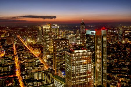 Aerial 180 degrees shot of Frankfurt. High resolution aerial panoramic view of Frankfurt, Germany at dusk.の写真素材
