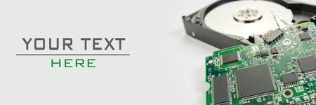 HDD. Inside of hard disk - magnetic disk with a reading head and motherboard. can be used as PC...