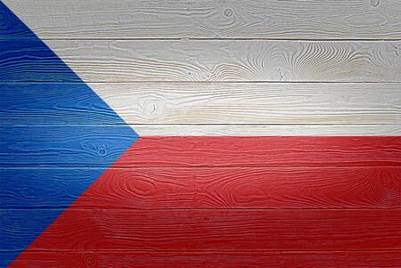 Czech Republic flag painted on old wood plank background. Brushed natural light knotted wooden planks board texture. Wooden texture background flag of Czechia.の写真素材