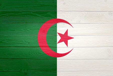 Algeria flag painted on old wood plank background. Brushed natural light knotted wooden board...
