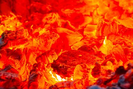 red hot coals in a blast furnace for metal melting. metal mining and processing industry. Red coals...