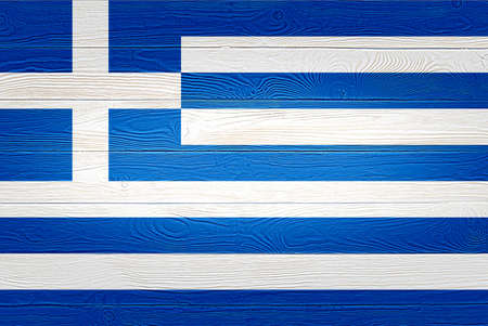 Greece flag painted on old wood plank background. Brushed wooden board texture. Wooden texture background flag of Greece.の写真素材