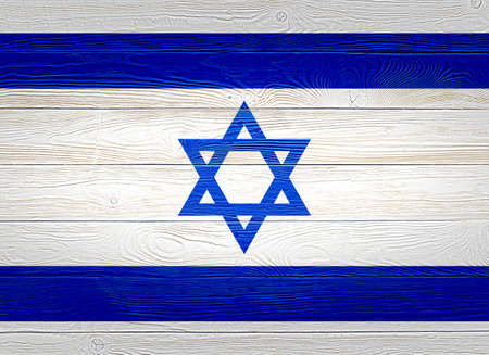 Israel flag painted on old wood plank background. Brushed wooden board texture. Wooden texture...