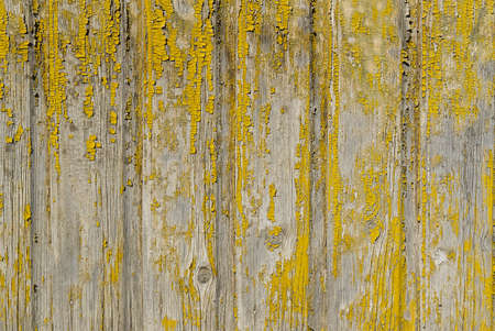 The texture of old scratched yellow wooden planks. Old painted wood wall textureの写真素材