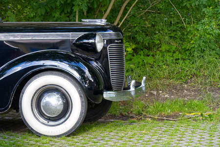 Haapsalu, Estonia - 12.07.2020 : Retro cars In Haapsalu. Closeup of black retro car Chrysler Royalのeditorial素材