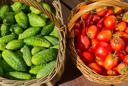 cucumbers and tomatoes in a wicker basket close-up. village eco food home gardening concept.の写真素材