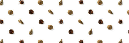 Creative Pine cone Christmas background on white. Pine branches and cones. minimal creative cone...