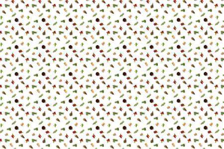 christmas background with pine cone, wine cork, pine twig and lingonberry. christmas background on white backdropの写真素材