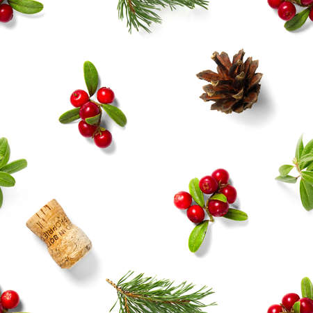 christmas seamless patterns with Pine cones wine cork and lingonberry. pattern christmas seamless on a white backdrop. Realistic photo collage. Print for paper, fabric, wallpaper.の写真素材