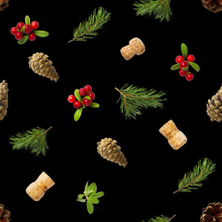 christmas seamless patterns with Pine cones wine cork and lingonberry. pattern christmas seamless on a black backdrop. Realistic photo collage. Print for paper, fabric, wallpaper.の写真素材