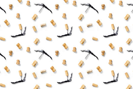 wine corks background on a white backlit background. wine background with corks and corkscrew for fabric print, paper print, wallpapers, designの写真素材
