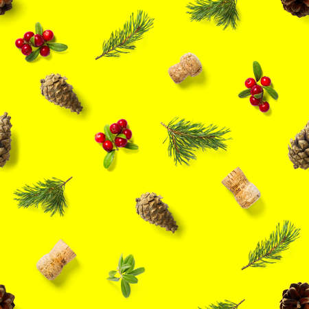 christmas seamless patterns with Pine cones wine cork and lingonberry. pattern christmas seamless on...