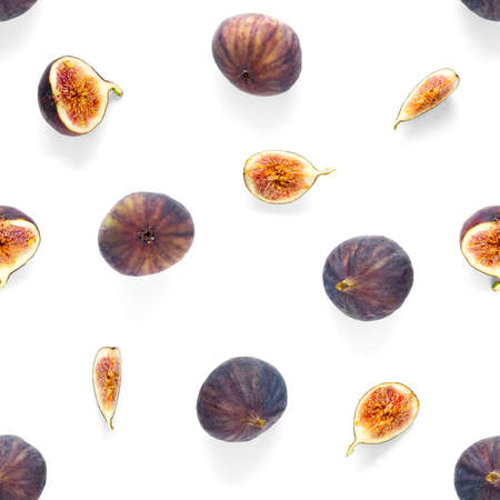 Seamless pattern with ripe figs. Tropical abstract background. Figs on the white background. Seamless pattern for print, textile, wallpapers, design templates.の写真素材