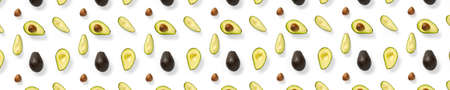 Avocado banner. Background made from isolated Avocado pieces on white background. Flat lay of fresh...