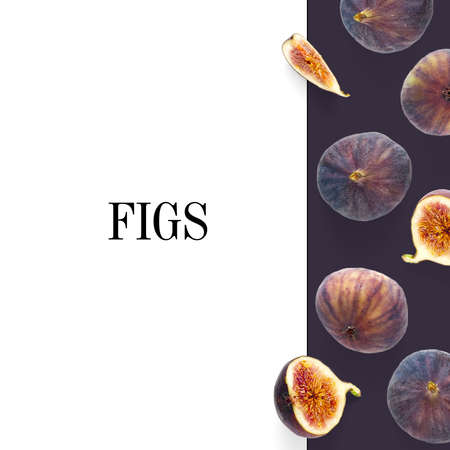 Creative layout of Fresh ripe figs. Food Photo. trendy modern collage of Fig with sample text. Figs on a white background with space for text copy space.の写真素材