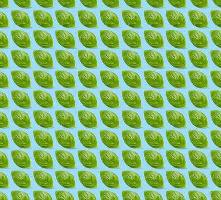 Italian Basil leaf herb seamless pattern on blue background, Creative seamless pattern made from...