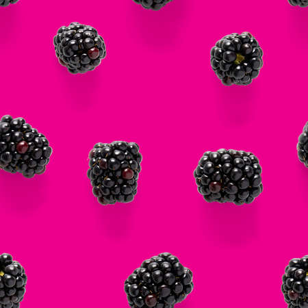Bramble Seamless pattern. Fresh blackberry seamless pattern. Square pattern with fresh wild berries isolated on pink background. flat lay.の写真素材
