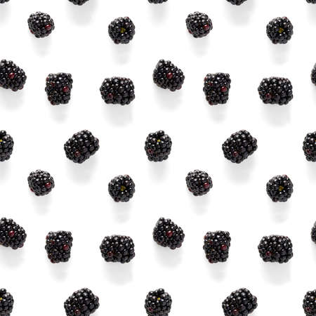 Bramble Seamless pattern. Fresh blackberry seamless pattern. Square pattern with fresh wild berries isolated on white background. flat lay.の写真素材
