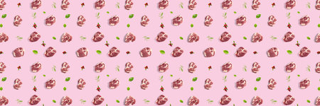 background with raw pork meat slices on pink background, raw food background, not pattern, banner wide shootの写真素材