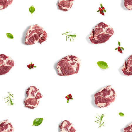 Seamless Pattern with raw pork meat slices on white background, food patternの写真素材