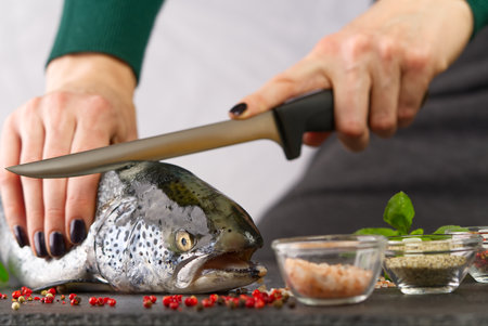 Chef cutting fresh salmon in kitchen. woman chef cuts salmon into piecesの写真素材