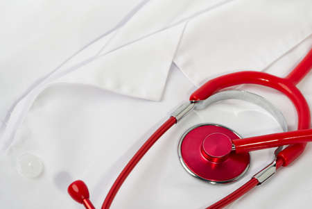 Red stethoscope on white background, close upの写真素材