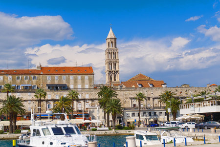 Cathedral of St. Duje bell tower in sunny day, Split, Croatia. Postcard.の写真素材