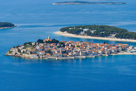 Primosten Croatia traditional village on the coast of adriatic sea, aerial view
