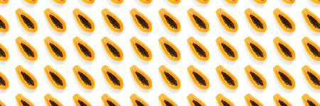 Fresh ripe papaya background on white backdrop. Modern tropical abstract background. Top view. Creative design, minimal flat lay concept. Trend tropical fruit food background - not seamless patternの写真素材