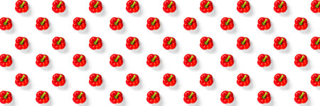 Bulgarian red ripe pepper on white backdrop. background from paprika, flat lay not seamless patternの写真素材